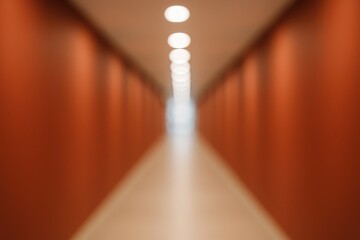Wall Mural - abstract blurred backdrop featuring a hallway with vibrant crimson walls and ceiling-mounted white l