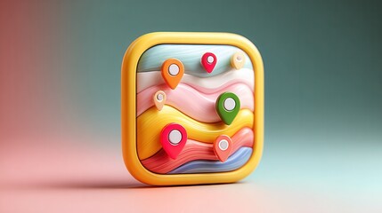 Wall Mural - colorful map pins on abstract background with soft curves and waves