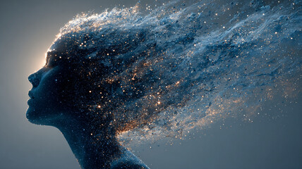 Wall Mural - Cosmic woman silhouette with starry galaxy and glowing particles expanding from head, symbolizing imagination and consciousness expansion