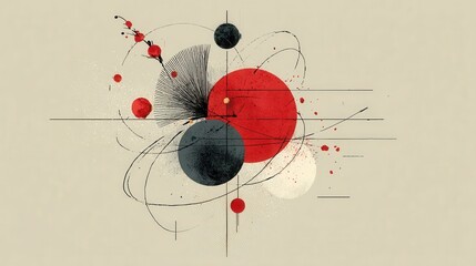 Wall Mural - Abstract Geometric Art with Red and Black Circles on Cream Background