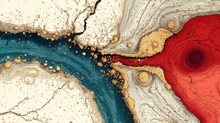 Wall Mural - abstract fluid art with blue, red, and gold elements in texture