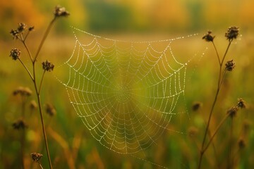 Wall Mural - Out-of-focus dew droplets on a spider web in a field of dry wild plants during autumn