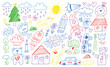 © MD - Kid crayon hand drawn background. Children school pencil bg. Cute summer flower, cloud, house, rainbow sun child icon. Vector kid sketch illustration. Cute crayon children pattern. Color pencil doodle