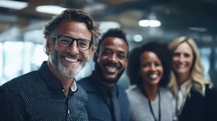 Wall Mural - group of cheerful business professionals standing together in modern office, smiling confidently, sp