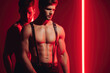 © alexkoral - sexy couple of gay men in leather harness, red neon light