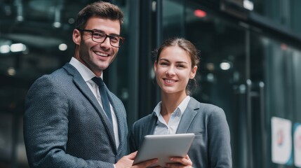 Wall Mural - young professionals in smart attire standing together and talking over tablet data, energetic and fo