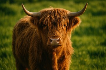 Wall Mural - detailed view of a fluffy highland cattle grazing in a bright field