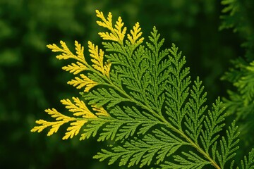 Vibrant foliage of California incense cedar branches illuminated by spring sunlight