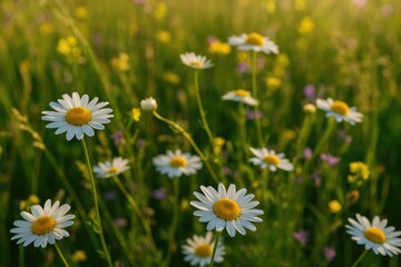 Wall Mural - close-up of vibrant wildflowers and blooming chamomile under sunny skies