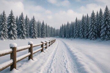 Wall Mural - snow-covered trail bordered by a fence, guiding into a winter woodland