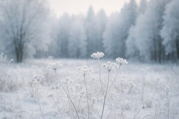 Wall Mural - ice-covered vegetation in a snowy field during winter
