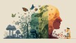 © KM - Vibrant illustration depicts harmony between nature and science, featuring human silhouette filled with diverse flora and fauna, butterflies, mushrooms, and microscope, symbolizing biodiversity
