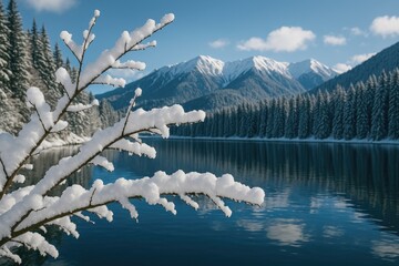 Wall Mural - fresh snowfall decorating a tree branch in a mountain reserve in eastern europe