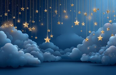 Wall Mural - The illustration, created in watercolor, features golden stars hanging by threads in the night sky, accompanied by blue clouds and a scene of babies and children, perfect for decorating a nursery,