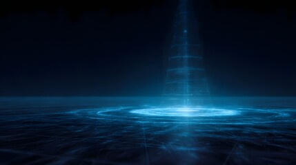 Wall Mural - futuristic wireframe 3d hologram of an energy grid floating in a dark glowing blue space
