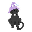 © Illustartathome - Cute black cat in witch hat with skull collar. Halloween clipart style. Isolated on white background. Fun spooky decoration.