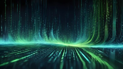 Wall Mural - Abstract image depicting a vibrant flow green teal digital data streams converging towards a central point, creating a dynamic futuristic visual.