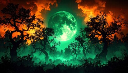 Wall Mural - Burning fire in the dark night sky with fantasy moonlight