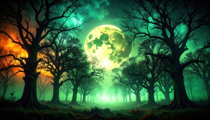 Wall Mural - Burning fire in the dark night sky with fantasy moonlight