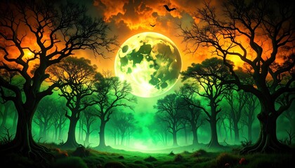 Wall Mural - Burning fire in the dark night sky with fantasy moonlight