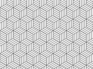 Wall Mural - Seamless pattern features a grid, cubes and striped line. Hexagon repeat background for modern, sophisticated design.