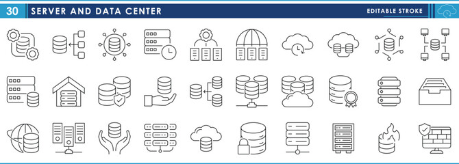 A set of line icons related to Server and Data Center. Server, data, security, save, database, systematic, and so on. Vector editable stroke.