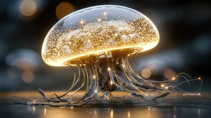 Wall Mural - a glowing jellyfish-like structure with a golden-white dome and glowing tentacles reflected in water
