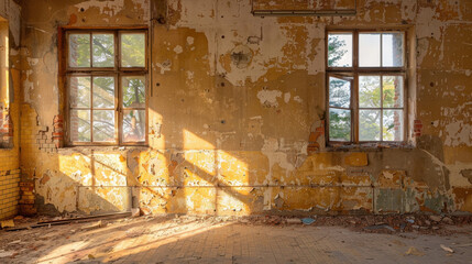 Wall Mural - Abandoned building interior with decay, featuring peeling paint and sunlight casting shadows on wall. atmosphere evokes sense of nostalgia and neglect