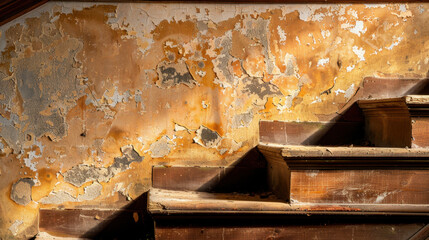Wall Mural - Abandoned building interior wall with decay and shadows, showcasing peeling paint and weathered wood stairs. atmosphere evokes sense of neglect and history