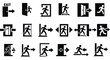 © Mark - Emergency exit icons set featuring running figures and door arrows in black silhouette style