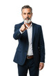 © Nina - Mature businessman pointing finger at camera. Confident senior man in a suit making a choice, recruiting you. Isolated on transparent background.