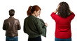 © Nina - Group of three people seen from behind on a transparent background. A man and two women showing different poses and emotions like stress and introspection.