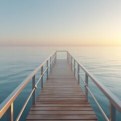  A realistic scene of a wooden dock with a metal railing extending over calm water, golden hour lighting, soft shadows, tranquil sea, clear sky with warm gradient from light blue to yellow