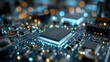 © Jiraphat - Close-up view of a circuit board featuring a microchip with glowing lights in a detailed electronic environment