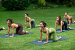 © Sirirat Makprasert - A group of women practicing yoga together on a lush green lawn, surrounded by trees, radiating peace, balance, and mindfulness in nature.