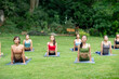 © Sirirat Makprasert - A group of women practicing yoga together on a lush green lawn, surrounded by trees, radiating peace, balance, and mindfulness in nature.
