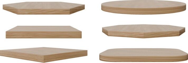 Wooden podium set. Realistic minimalist empty pedestal different forms. 3D round square stage for presentation ecological natural product. Store showcase. Vector isolated illustration