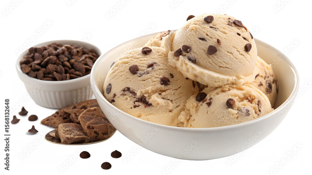 Chocolate chip ice cream in a bowl, top view, isolated on white or ...