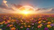 © art - A vibrant field of colorful flowers at sunrise.