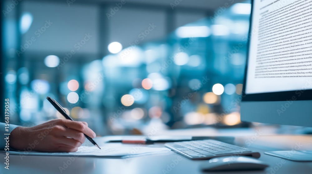 Professional reviewing certification course on computer, sleek office ...