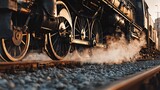 Steam train's powerful wheels and billowing smoke