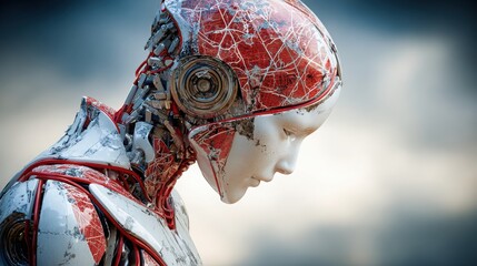 Wall Mural - striking robot with red head characterizing ai-powered trade execution bot in dashboard design conce