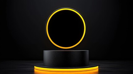 Wall Mural - black and yellow circle sits on top of a black pedestal. the scene is set in a dark room with a blac