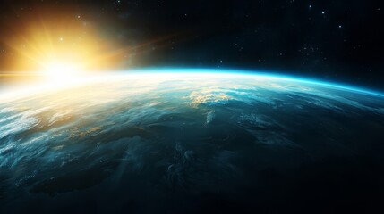 Wall Mural - blue and white planet with a sun in the sky. the sun is shining brightly on the planet, creating a w