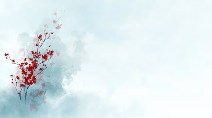Wall Mural - Serene and peaceful scene featuring a blue sky with fluffy white clouds and a beautiful red and white flower arrangement in the foreground. The flowers are scattered throughout the image