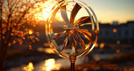 Wall Mural - golden spinning turbine blade against glowing sunset backdrop