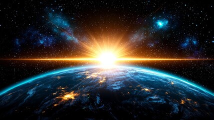 Wall Mural - bright sun is rising over the planet earth. the sky is filled with stars and the planet is illuminat