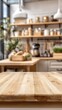 © Eleven room - Blurred kitchen interior, light wood table top