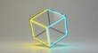 © Hilman - A neon cube, with yellow and cyan glowing edges, floats against a neutral gray background.