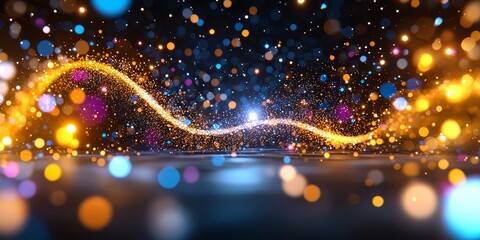 Wall Mural - Colorful, glowing, and swirling pattern of light and dark blue and purple. The pattern is made up of many small, bright, and colorful dots. Concept of movement and energy